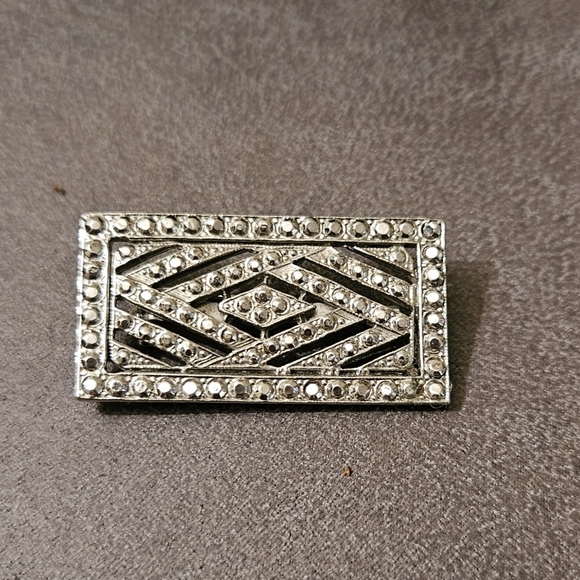 Vintage Art Deco Style Brooch Pin - Geometric Silver Rhinestones - Picture 3 of 3